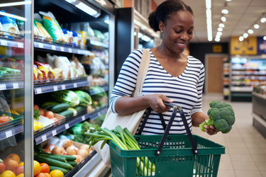 Темнокожая женщина держит брокколи в руках, покупая продукты для здорового питания. - SeventyFour