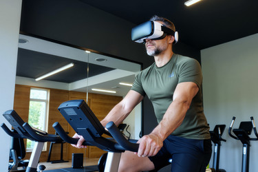 Мужчина средних лет катается на велосипеде в спортзале в vr-гарнитуре — инновация в фитнесе. - DragonImagesAsia