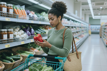 Темнокожая женщина рассматривает болгарский перец во время похода в продуктовый магазин. - SeventyFour