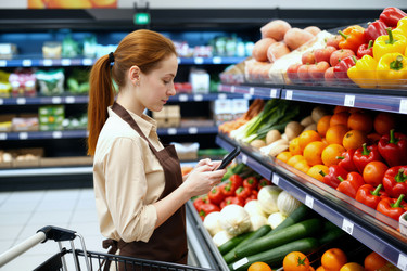 Взрослая женщина проверяет свой смартфон во время покупки свежих продуктов. - SeventyFour
