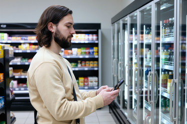 Взрослый мужчина сравнивает товары на смартфоне в продуктовом магазине. - SeventyFour