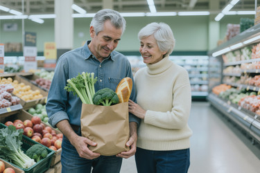 Пожилая пара покупает свежие продукты для здорового образа жизни. - SeventyFour