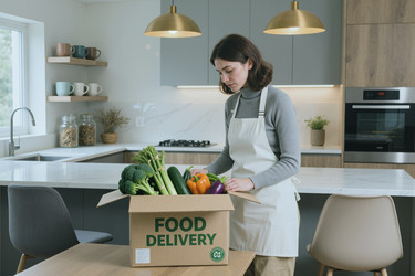 Взрослая женщина распаковывает доставленные продукты для планирования здорового питания. - AnnaStills