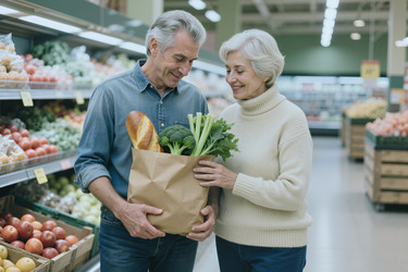 Пожилая пара покупает свежие продукты в супермаркете. - SeventyFour
