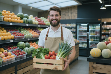 Портрет взрослого мужчины, держащего свежие продукты в продуктовом магазине. - SeventyFour