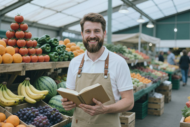 Портрет взрослого мужчины, продавца продуктов питания, держащего блокнот на рынке свежих овощей и фруктов. - SeventyFour