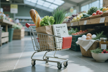 Корзина покупок с отображением списка продуктов для розничной торговли свежими продуктами. - SeventyFour