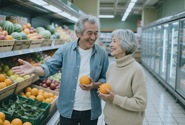 Пожилая пара выбирает свежие продукты для здорового питания во время покупок в продуктовом магазине. - SeventyFour