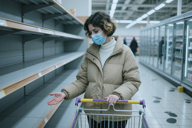 Женщина в маске совершает покупки возле пустых полок в магазине. - AnnaStills