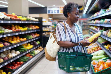 Чернокожая женщина средних лет выбирает свежие продукты для похода в продуктовый магазин. - SeventyFour
