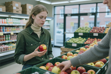 Взрослая женщина выбирает свежие яблоки для похода в продуктовый магазин. - AnnaStills