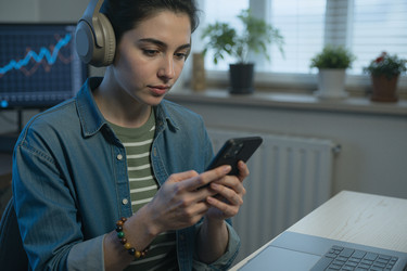 Взрослая женщина использует смартфон для отслеживания рыночных данных дома. - Mediaphotos