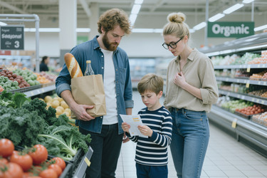 Семья проверяет список покупок во время похода за органическими продуктами. - SeventyFour