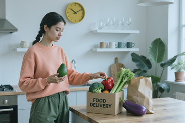 Взрослая азиатка распаковывает доставленные продукты для приготовления здоровой еды. - AnnaStills