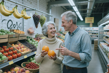 Пожилая пара выбирает свежие продукты для здорового питания во время покупок в продуктовом магазине. - SeventyFour
