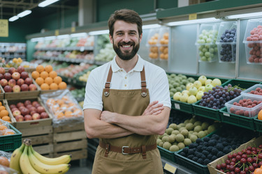 Портрет взрослого мужчины, стоящего в отделе овощей и фруктов продуктового магазина. - SeventyFour
