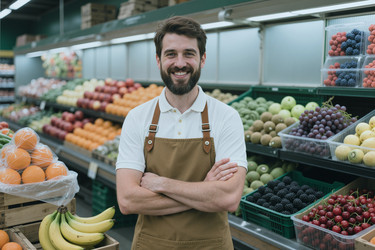 Портрет взрослого мужчины, стоящего в отделе овощей и фруктов продуктового магазина. - SeventyFour