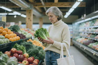 Пожилая женщина выбирает свежий салат для здоровых покупок в продуктовом магазине. - SeventyFour