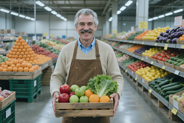 Портрет пожилого бакалейщика, держащего свежие продукты для розничной продажи. - SeventyFour