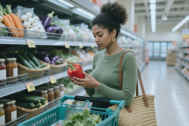 Темнокожая женщина сравнивает свежие продукты во время похода в продуктовый магазин. - SeventyFour