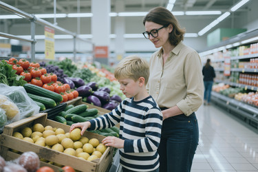 Женщина с сыном выбирает свежие продукты для семейного похода в продуктовый магазин. - SeventyFour