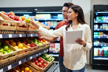 Взрослая пара выбирает свежие продукты для списка покупок в продуктовом магазине. - SeventyFour