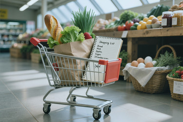 Тележка для покупок, демонстрирующая свежие продукты в рамках маркетинга розничной торговли продуктами питания. - SeventyFour