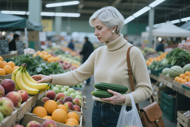 Женщина средних лет выбирает свежие продукты для здорового питания во время покупок в продуктовом магазине. - SeventyFour