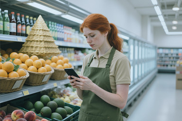 Женщина-продавщица в продуктовом магазине проверяет свой смартфон в отделе овощей и фруктов. - SeventyFour
