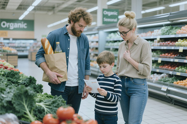 Семейный поход за органическими продуктами, пока ребенок читает. - SeventyFour