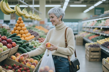 Взрослая женщина выбирает свежие продукты для здорового питания во время покупок в продуктовом магазине. - SeventyFour