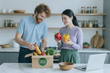 Взрослая пара распаковывает доставленные органические продукты из супермаркета у себя дома. - AnnaStills