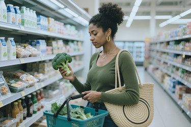 Темнокожая женщина выбирает брокколи во время похода в продуктовый магазин, чтобы выбрать продукты для здорового питания. - SeventyFour