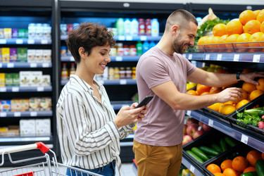 Взрослая пара покупает свежие продукты для здорового питания. - SeventyFour