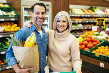 Портрет супружеской пары среднего возраста, совершающей покупки продуктов для здорового образа жизни. - SeventyFour