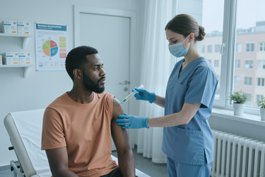 Чернокожий мужчина получает инъекцию вакцины от медсестры в клинике. - SeventyFour