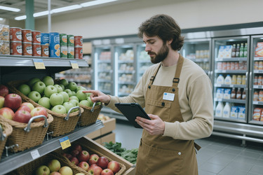 Взрослый мужчина проверяет наличие свежих продуктов в супермаркете с помощью планшета. - SeventyFour