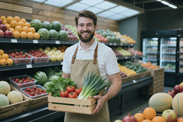 Портрет взрослого мужчины, держащего свежие продукты в продуктовом магазине. - SeventyFour