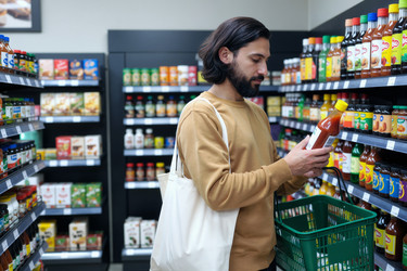 Взрослый мужчина сравнивает этикетки на соусах во время похода в продуктовый магазин. - SeventyFour
