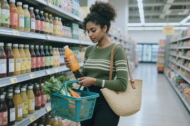 Темнокожая женщина сравнивает этикетки на соках во время похода в продуктовый магазин. - SeventyFour