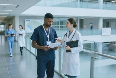 Медбрат (афроамериканец) и врач (взрослая женщина) изучают историю болезни пациента. - SeventyFour