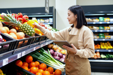 Взрослая азиатка проверяет качество продуктов в продуктовом магазине. - SeventyFour