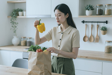 Взрослая азиатка распаковывает свежие продукты для приготовления здоровой еды. - AnnaStills