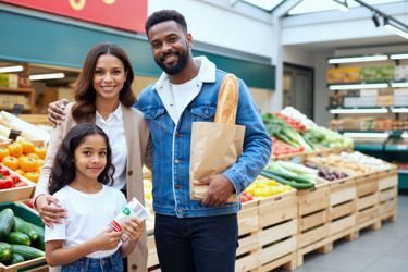 Портрет чернокожей семьи, покупающей свежие продукты в супермаркете. - SeventyFour