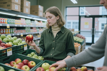 Взрослая женщина выбирает свежие яблоки для похода в продуктовый магазин. - AnnaStills