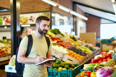 Взрослый мужчина проверяет запасы продуктов питания в розничном продуктовом магазине. - SeventyFour