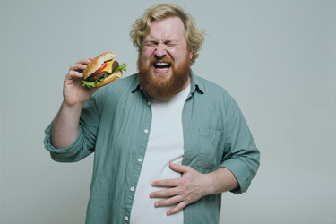 Взрослый мужчина держит бургер и испытывает боль в животе от фастфуда. - AnnaStills