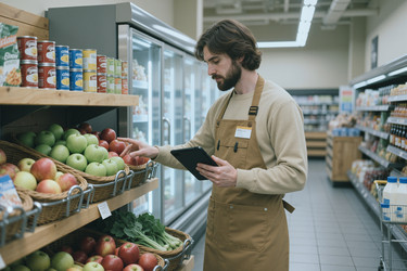 Взрослый мужчина проверяет наличие продуктов в продуктовом магазине с помощью планшета. - SeventyFour
