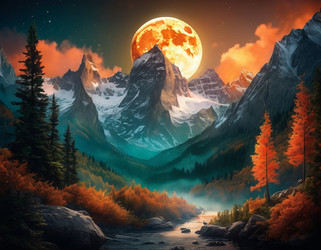 Потрясающий горный пейзаж с яркой луной. Туристический пейзаж. Насыщенные цвета. Природа в окне - NeuroSky