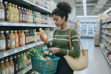Темнокожая женщина сравнивает этикетки на соках во время похода в продуктовый магазин. - SeventyFour